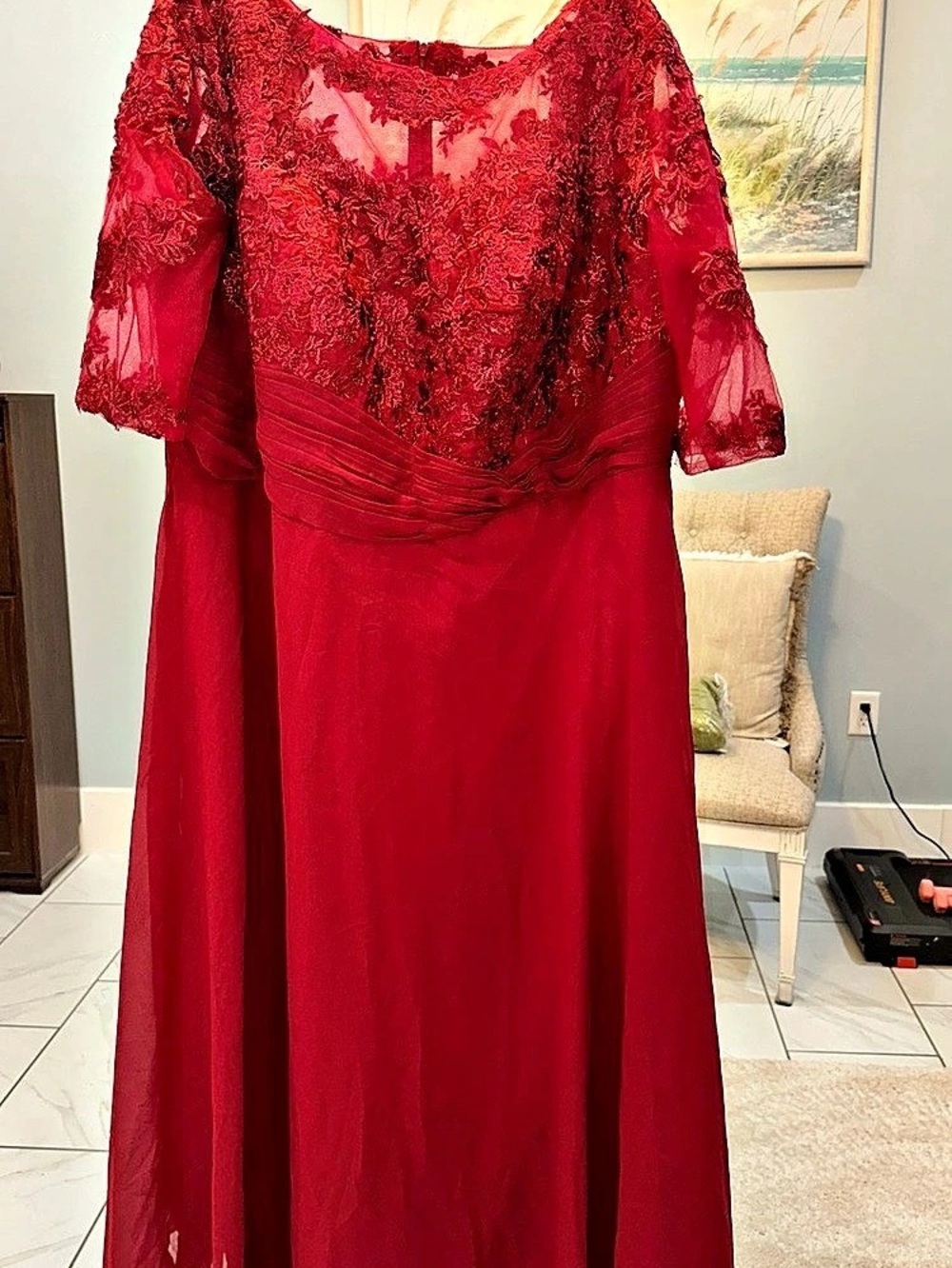 R&M Richards Long Red Lace Dress with Illusion Bodice